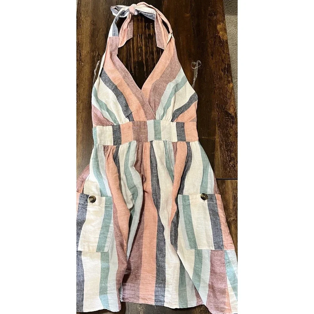 NWT Women's XS American Eagle Striped Halter Mini Dress Boho Summer - Picture 2 of 10